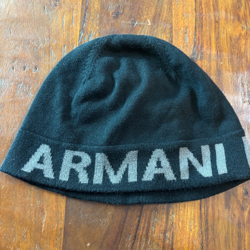 Armani Exchange Black Knit Logo Beanie Hat One Size Cotton Rayon Blend